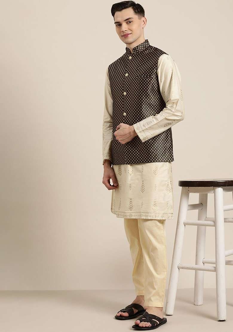 Black Solid Poly Blend Nehru Jackets For Men - Indya