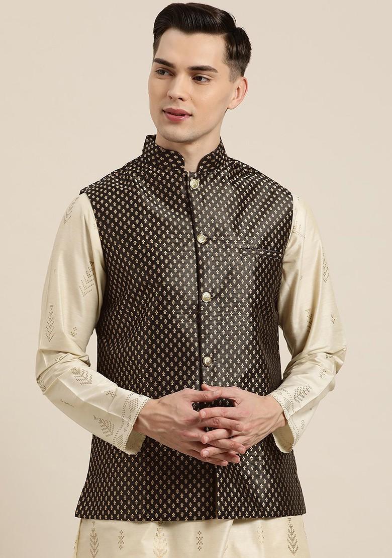 Black Solid Poly Blend Nehru Jackets For Men