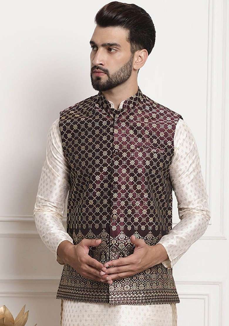 Purple Embroidered Poly Blend Nehru Jackets For Men - Indya