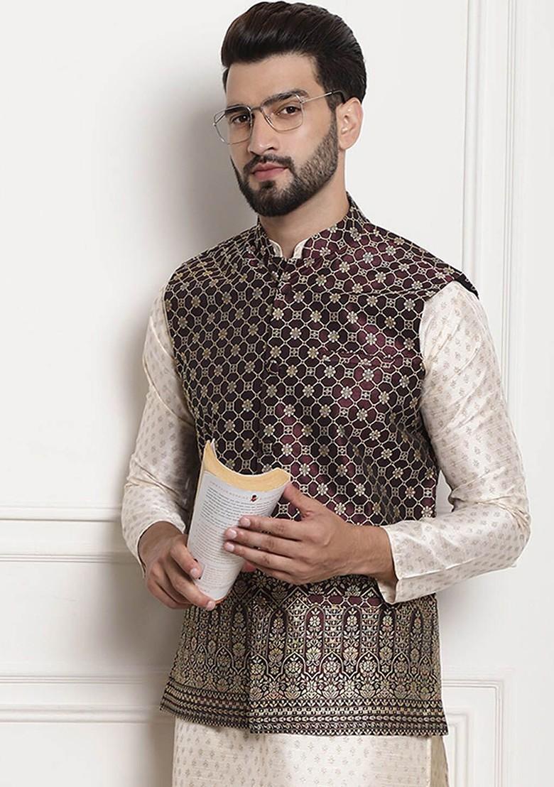 Purple Embroidered Poly Blend Nehru Jackets For Men