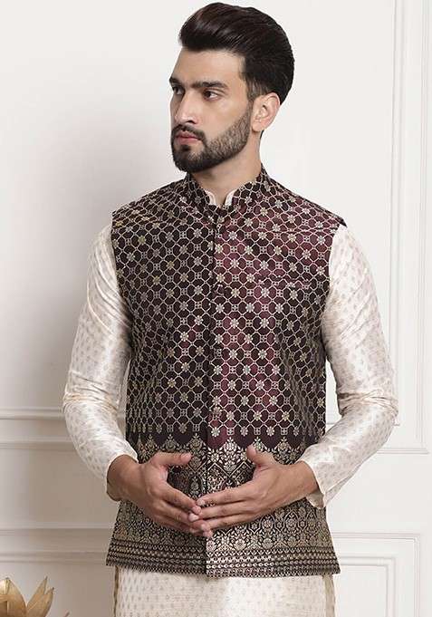 Purple Embroidered Poly Blend Nehru Jackets For Men