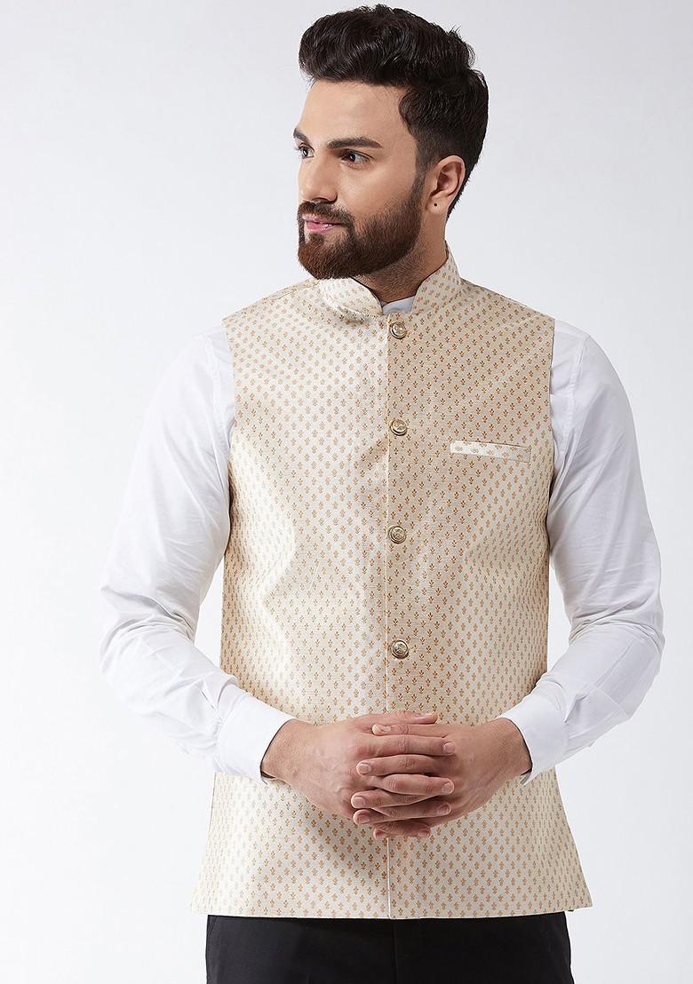 Beige Woven Poly Blend Nehru Jackets For Men
