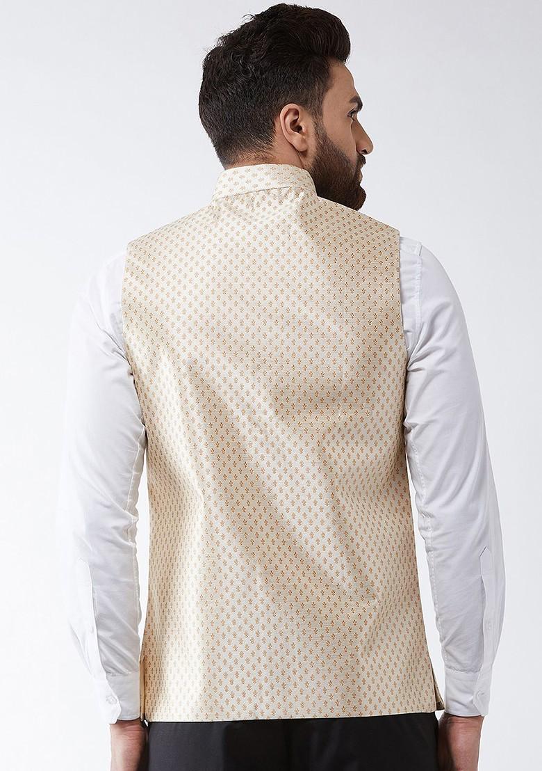 Beige Woven Poly Blend Nehru Jackets For Men
