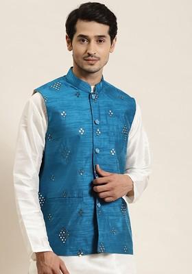 Blue Mirror Work Poly Blend Nehru Jackets For Men