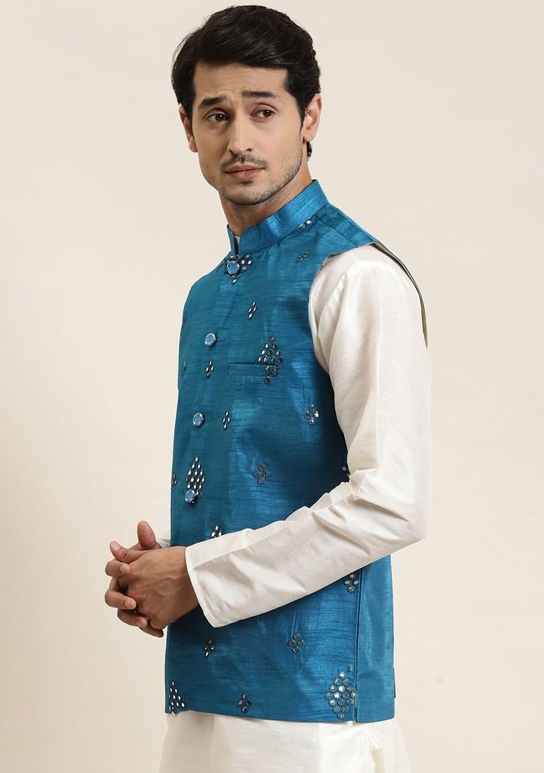 Blue Mirror Work Poly Blend Nehru Jackets For Men