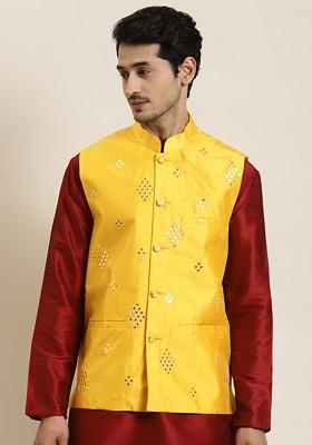 Yellow Mirror Work Poly Blend Nehru Jackets For Men