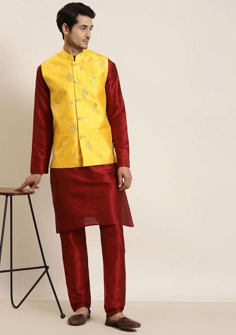Yellow Mirror Work Poly Blend Nehru Jackets For Men