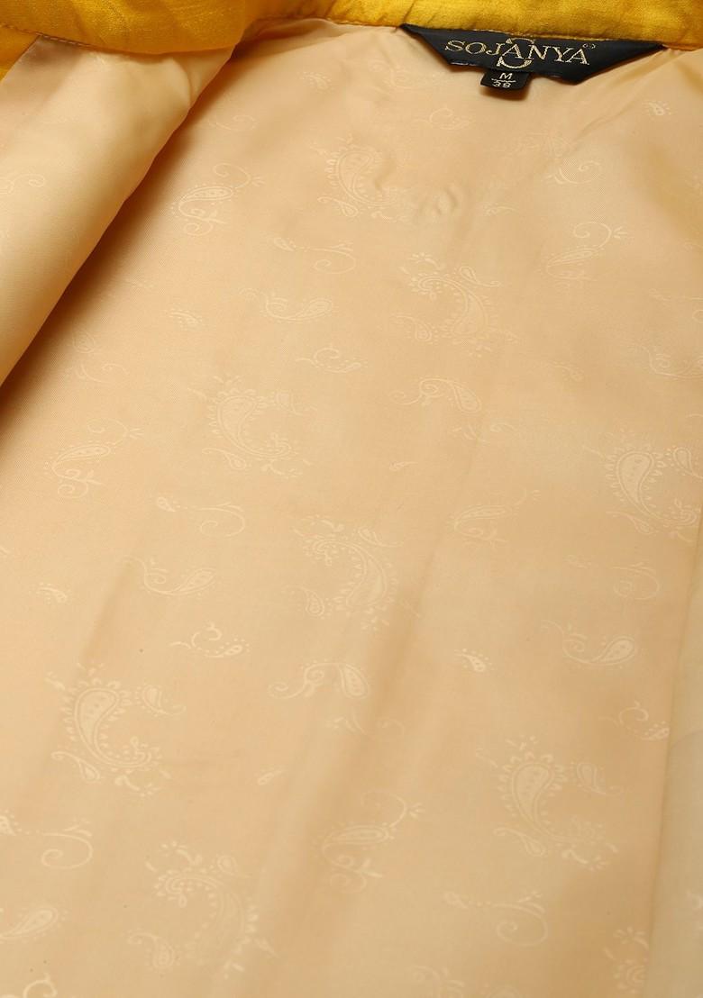 Yellow Mirror Work Poly Blend Nehru Jackets For Men