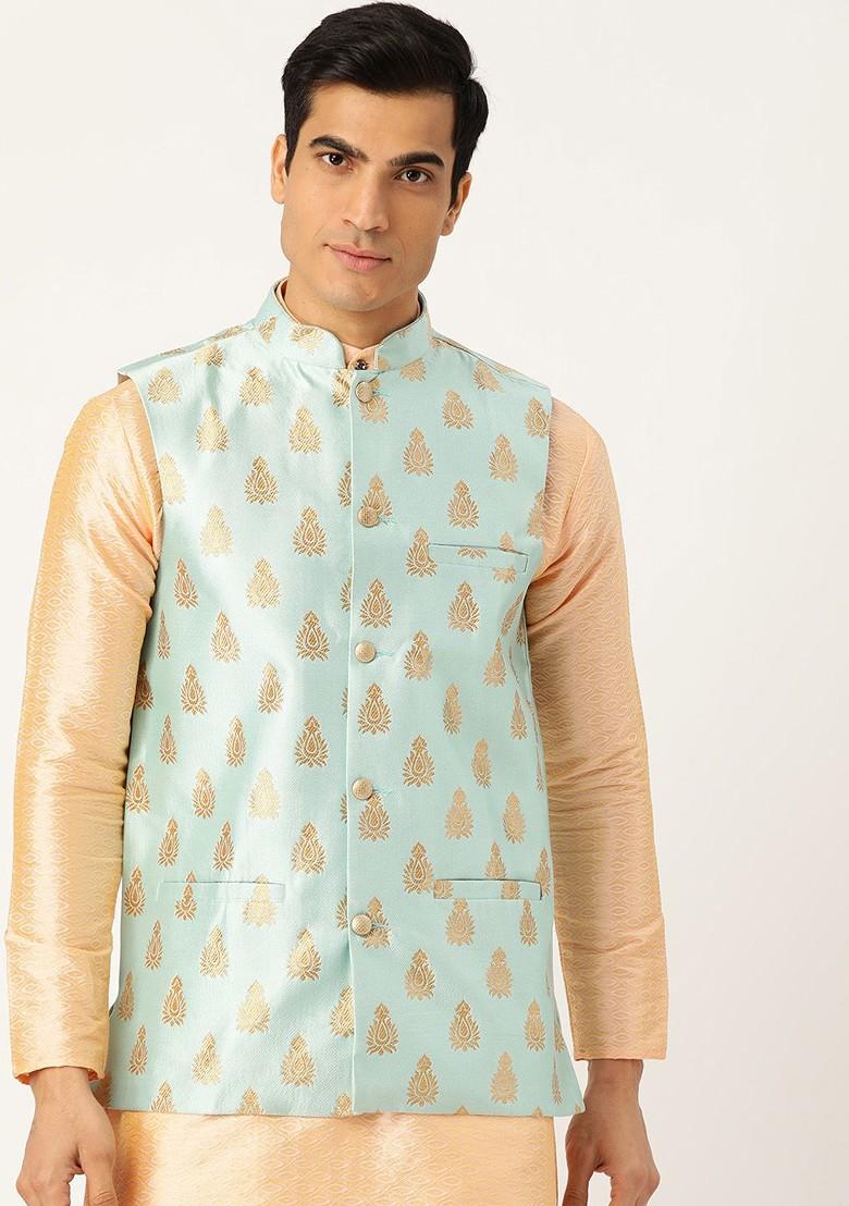 Sea Green Woven Poly Blend Nehru Jackets For Men