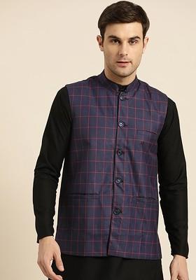 Navy Blue Checked Poly Blend Nehru Jackets For Men