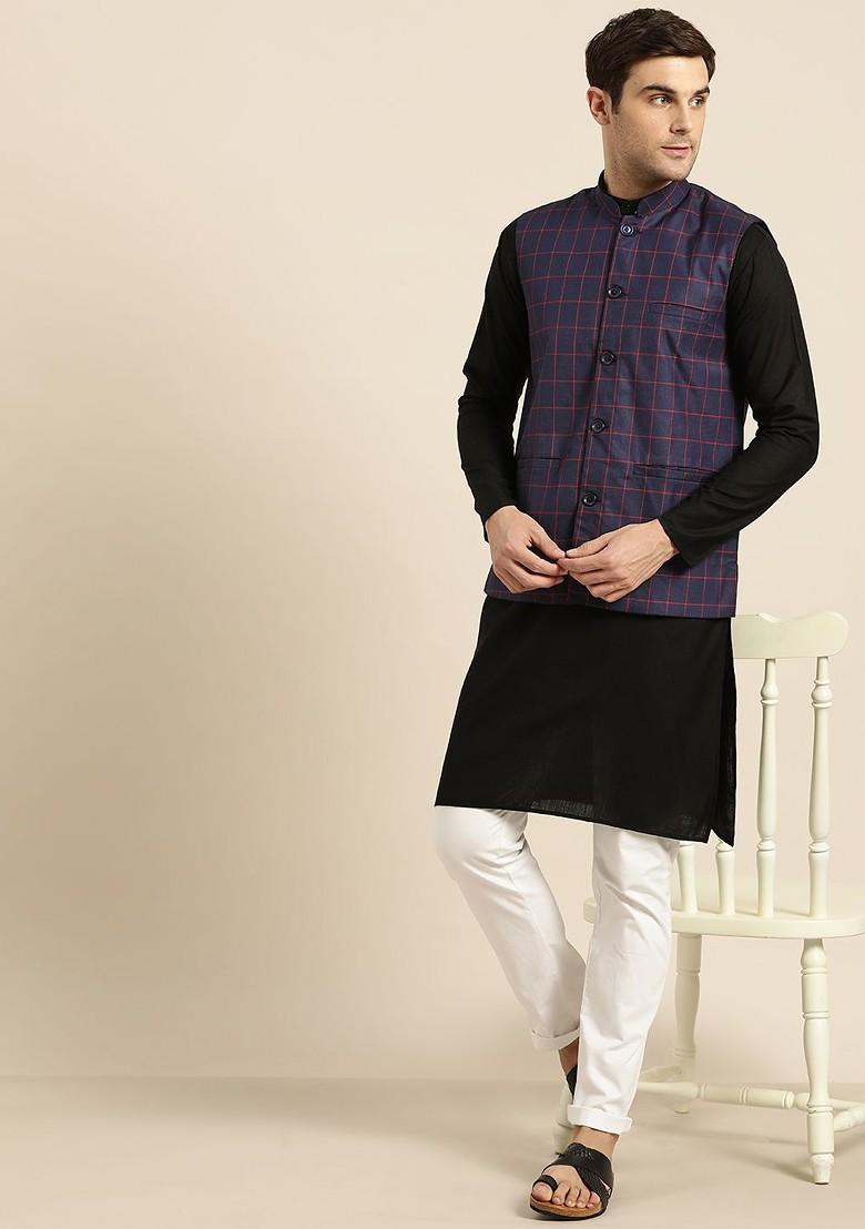 Navy Blue Checked Poly Blend Nehru Jackets For Men
