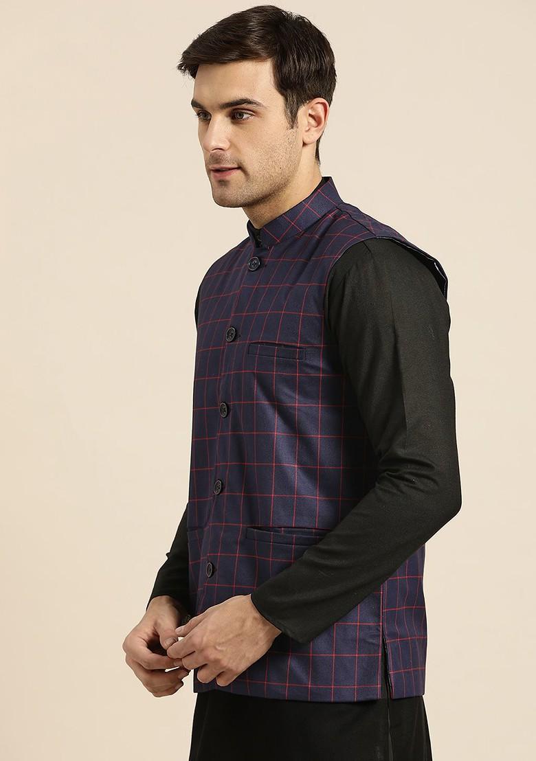 Navy Blue Checked Poly Blend Nehru Jackets For Men