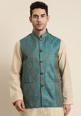 Teal Blue Woven Poly Blend Nehru Jackets For Men