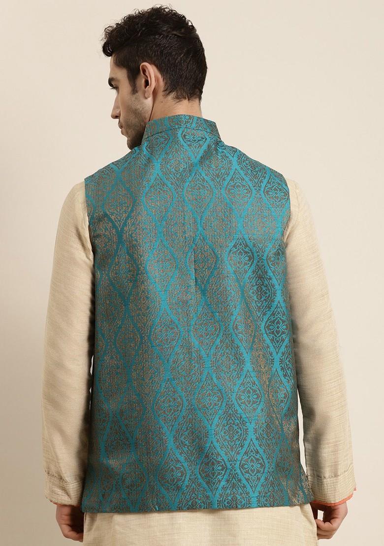 Teal Blue Woven Poly Blend Nehru Jackets For Men