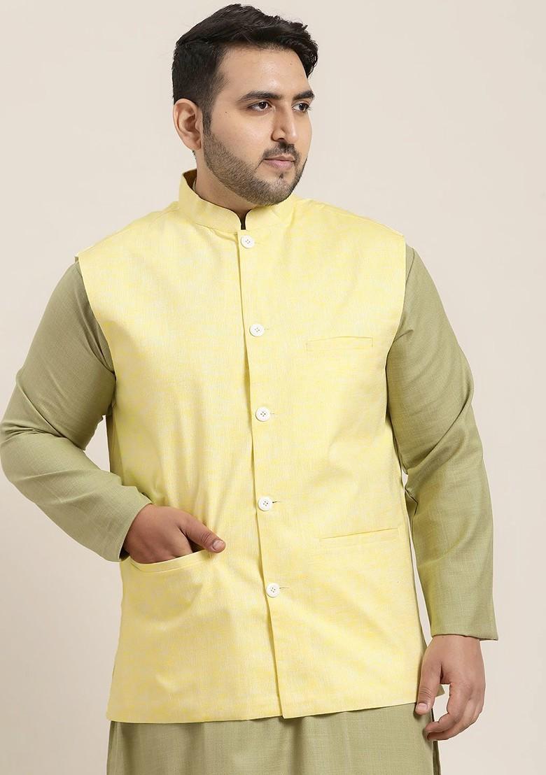 Yellow Woven Poly Blend Nehru Jackets For Men