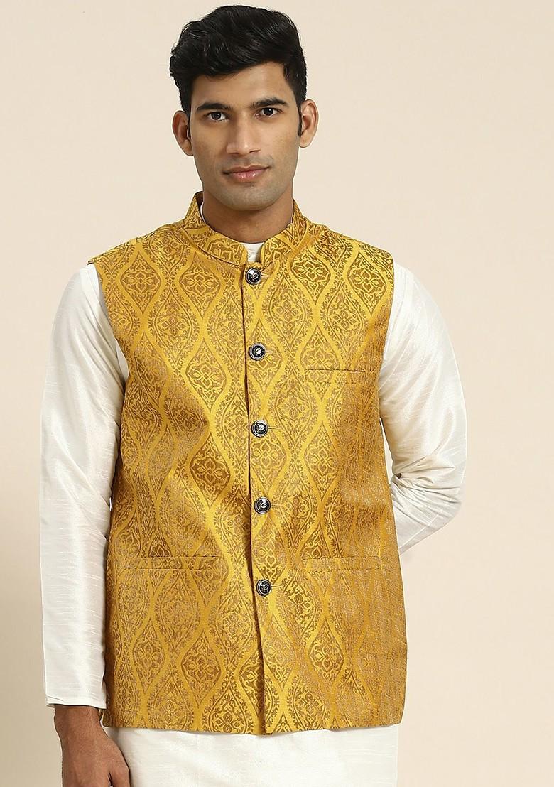 Mustard Woven Poly Blend Nehru Jackets For Men