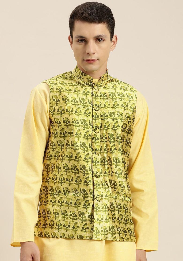 Green Printed Poly Blend Nehru Jackets For Men