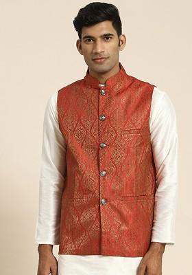 Red Woven Poly Blend Nehru Jackets For Men
