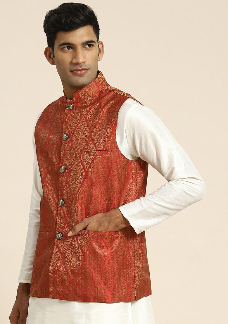 Red Woven Poly Blend Nehru Jackets For Men