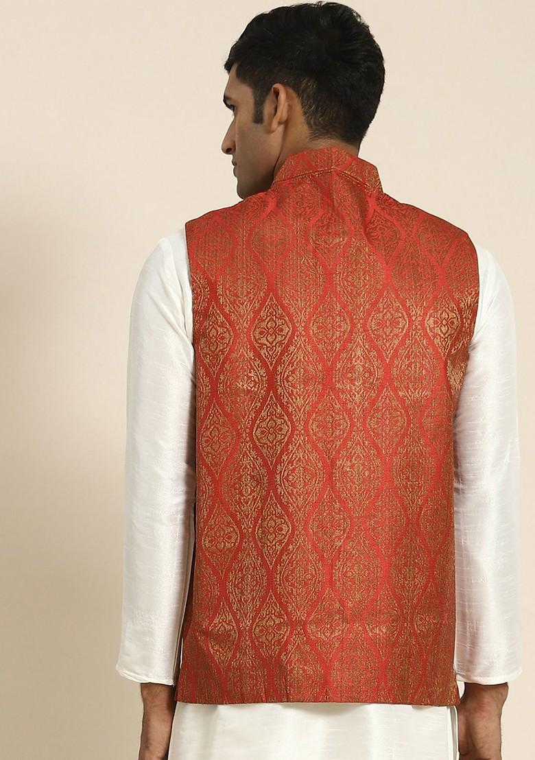 Red Woven Poly Blend Nehru Jackets For Men