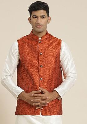 Orange Woven Jacquard Nehru Jackets For Men
