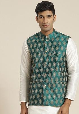Green Woven Jacquard Nehru Jackets For Men