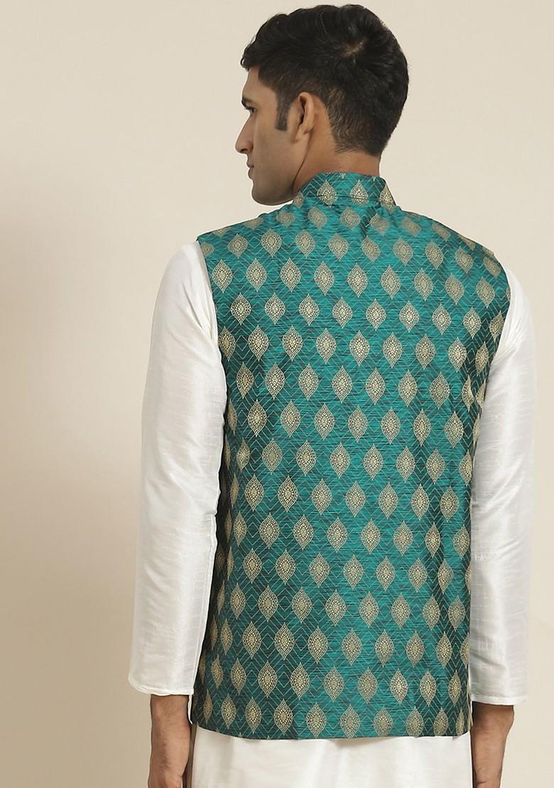 Green Woven Jacquard Nehru Jackets For Men