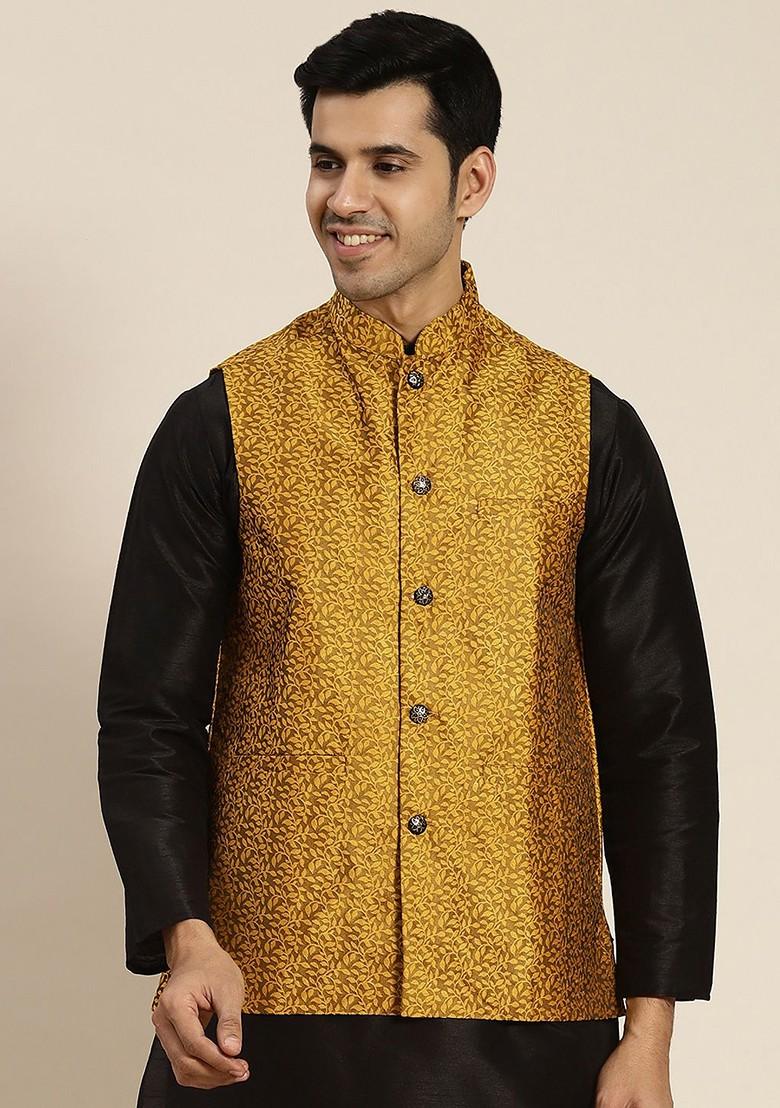Mustard Woven Jacquard Nehru Jackets For Men