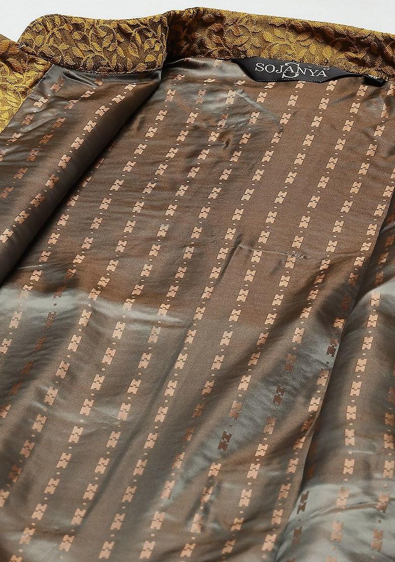 Mustard Woven Jacquard Nehru Jackets For Men