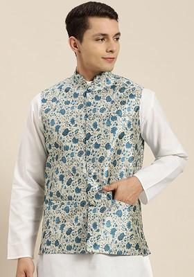 Blue Printed Silk Nehru Jackets For Men