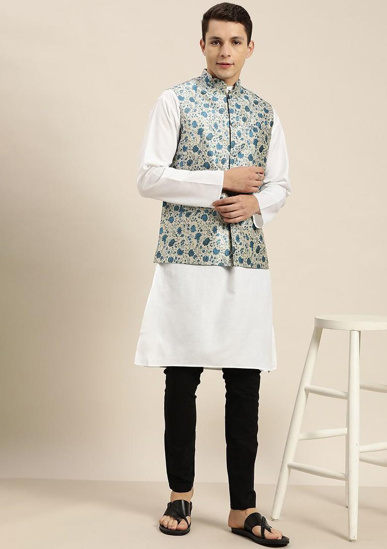 Blue Printed Silk Nehru Jackets For Men