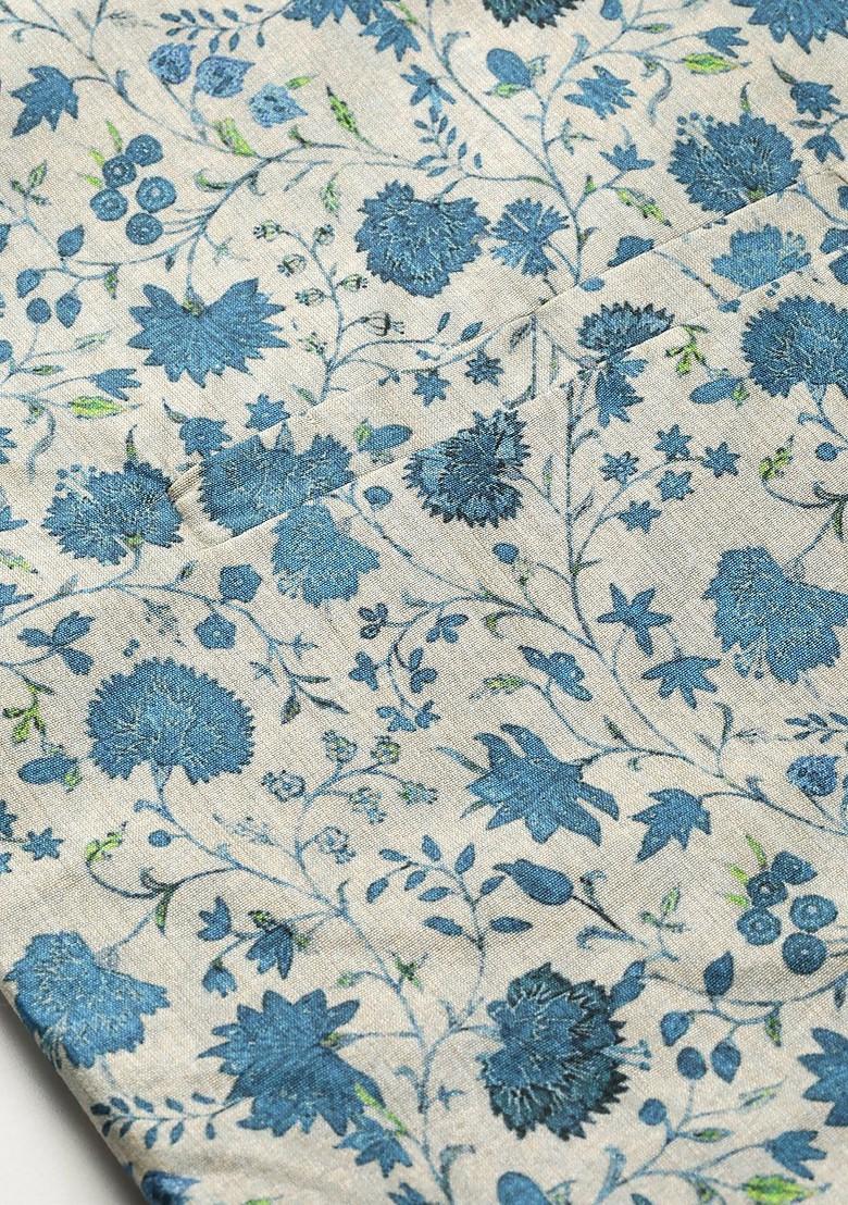 Blue Printed Silk Nehru Jackets For Men