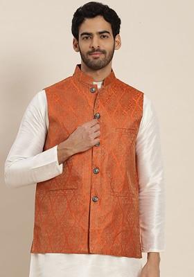 Orange Ethnic Motifs Silk Nehru Jackets For Men