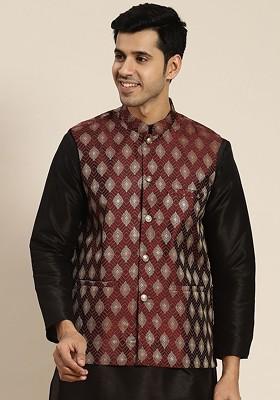 Maroon Woven Jacquard Nehru Jackets For Men