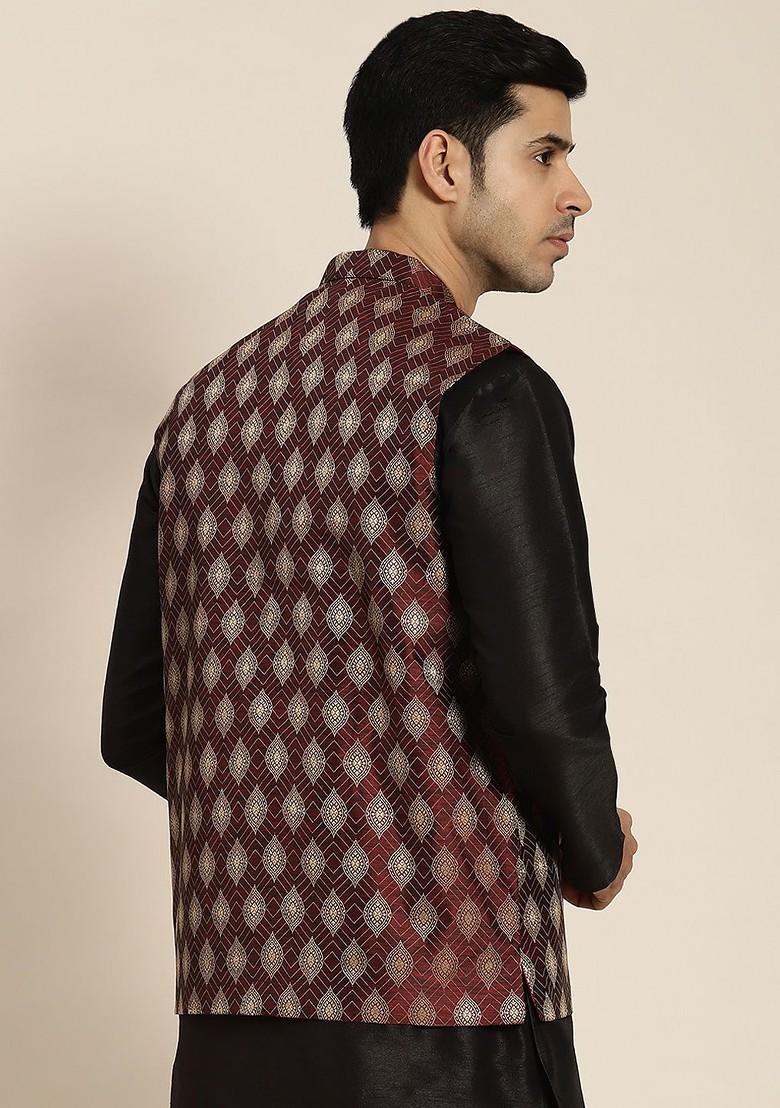 Maroon Woven Jacquard Nehru Jackets For Men