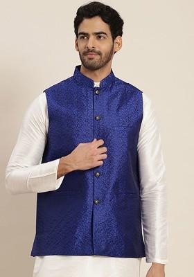 Blue Solid Silk Nehru Jackets For Men