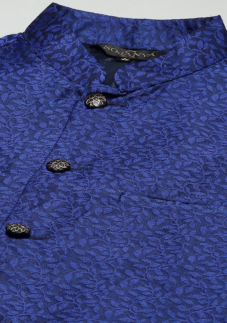 Blue Solid Silk Nehru Jackets For Men