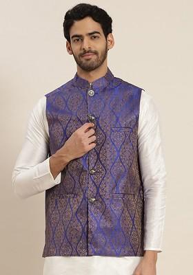 Blue Solid Silk Nehru Jackets For Men