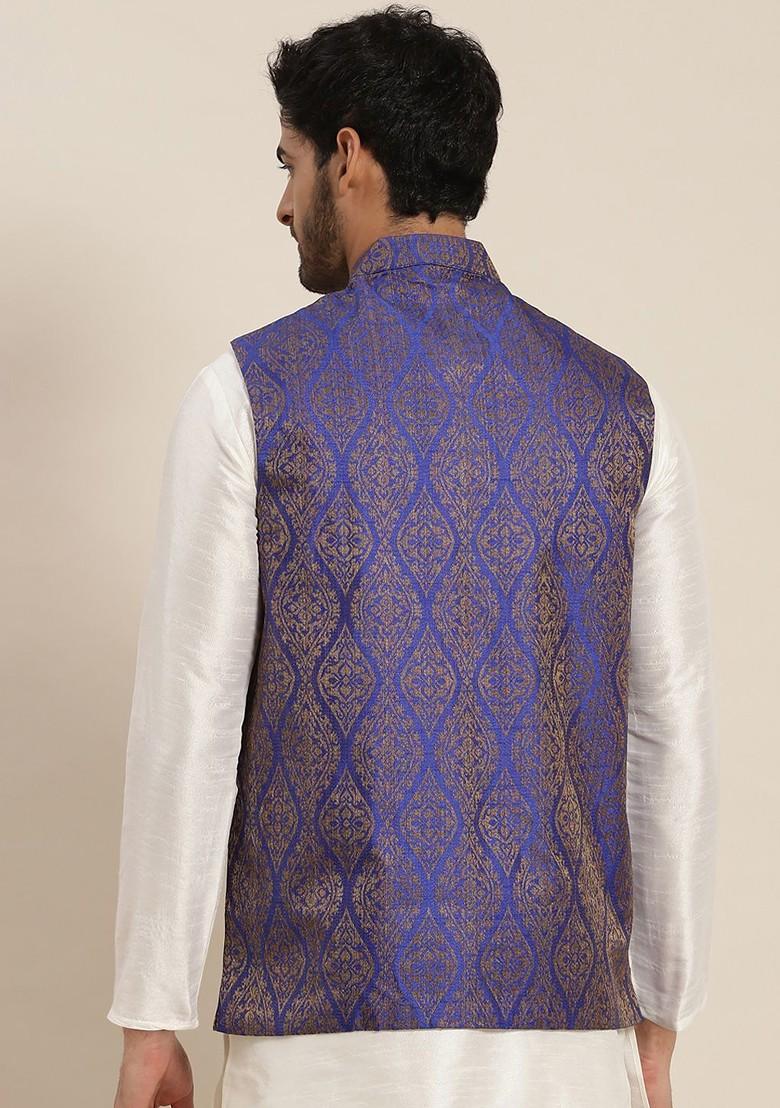 Blue Solid Silk Nehru Jackets For Men