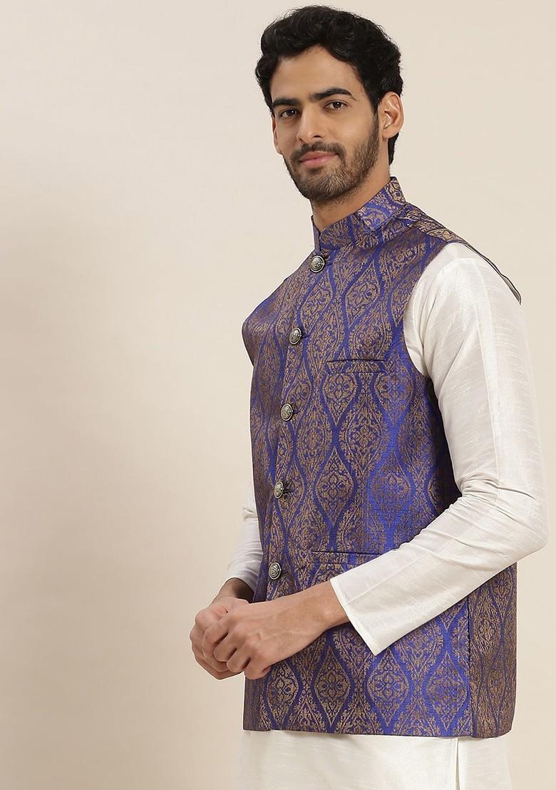 Blue Solid Silk Nehru Jackets For Men