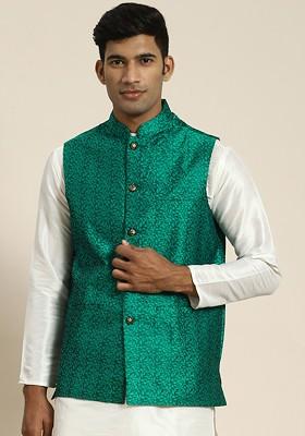 Green Woven Jacquard Nehru Jackets For Men