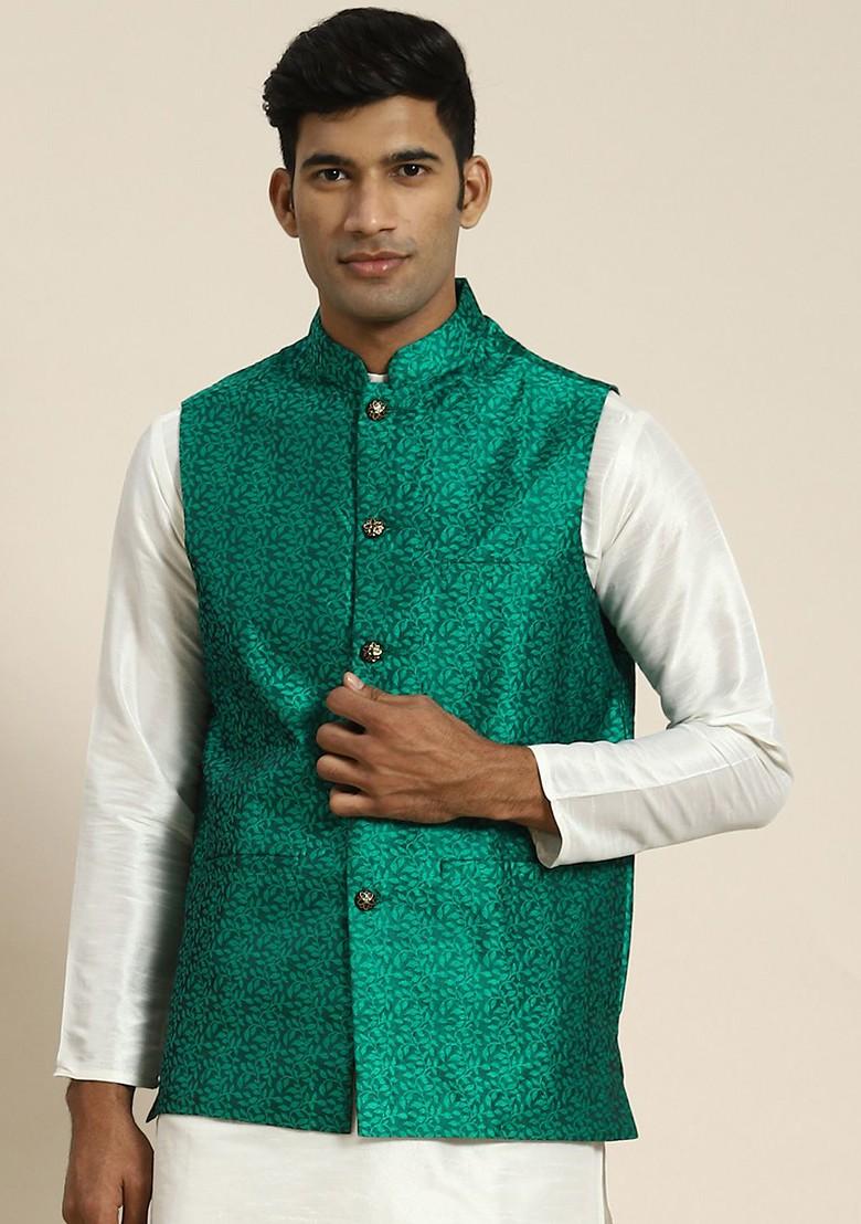 Green Woven Jacquard Nehru Jackets For Men