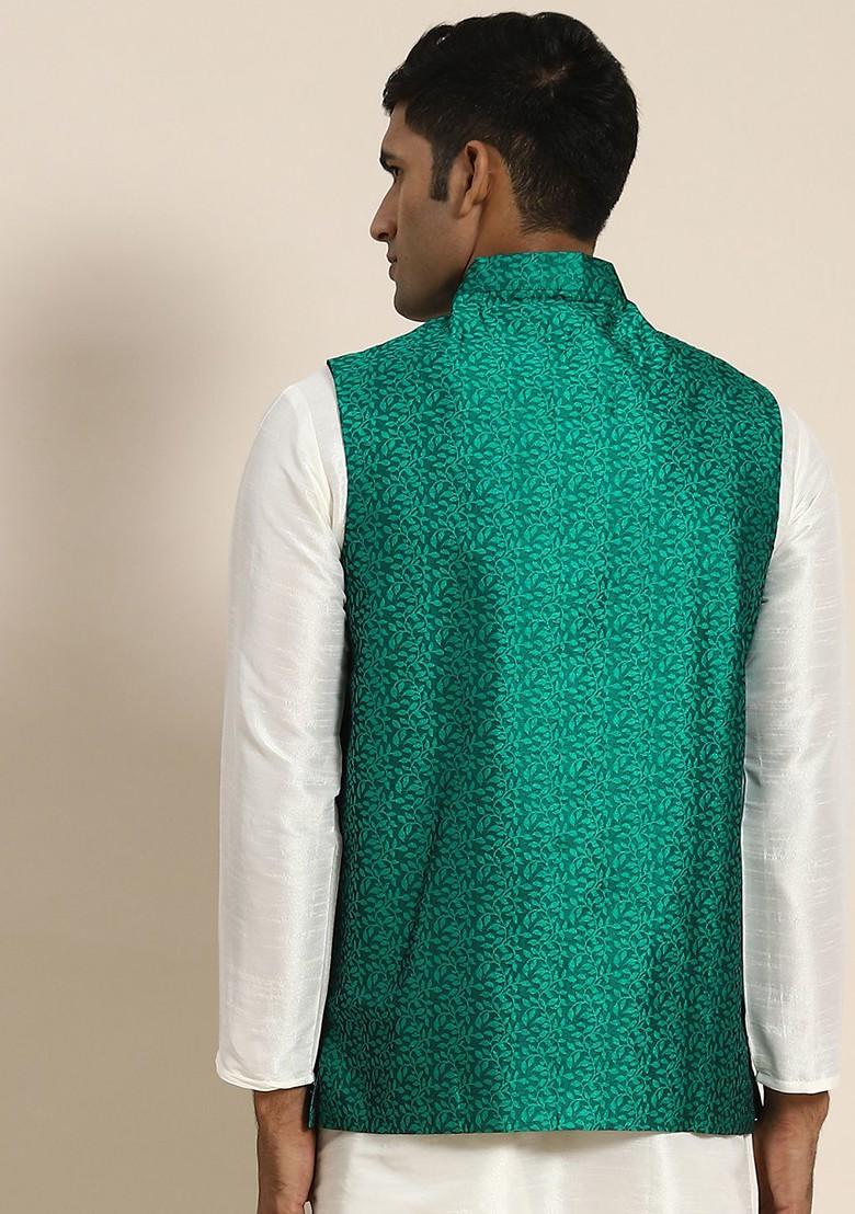 Green Woven Jacquard Nehru Jackets For Men