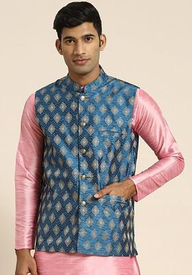 Blue Woven Jacquard Nehru Jackets For Men