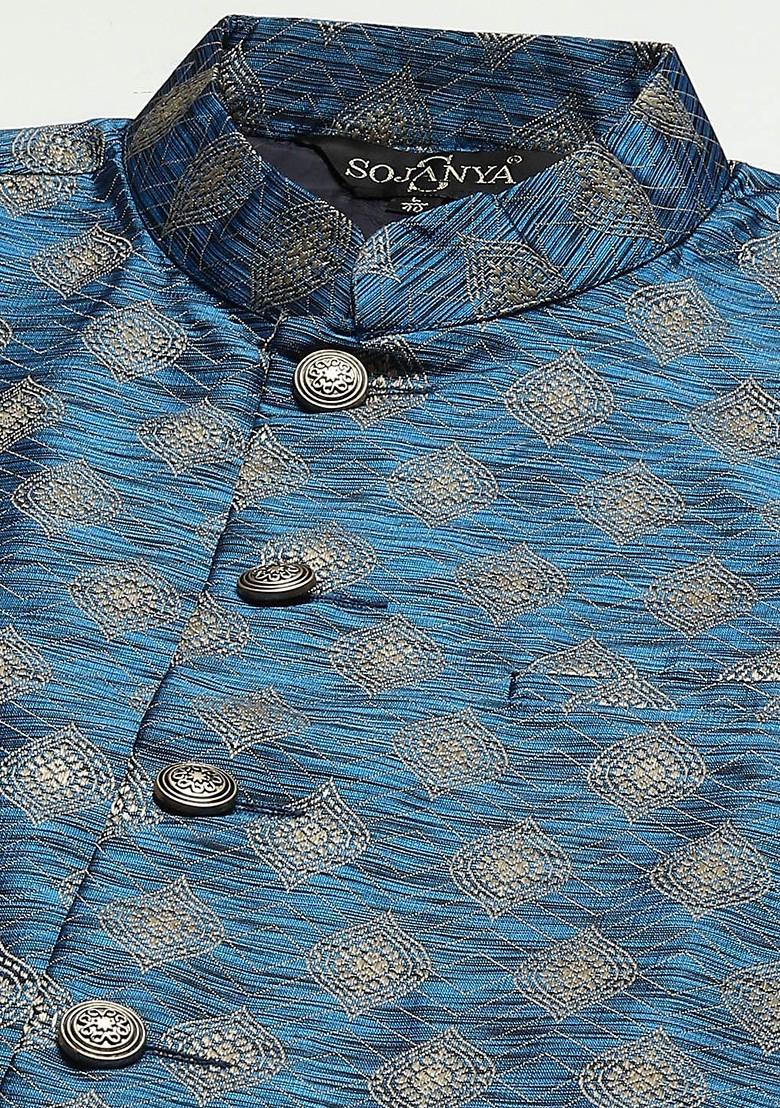 Blue Woven Jacquard Nehru Jackets For Men