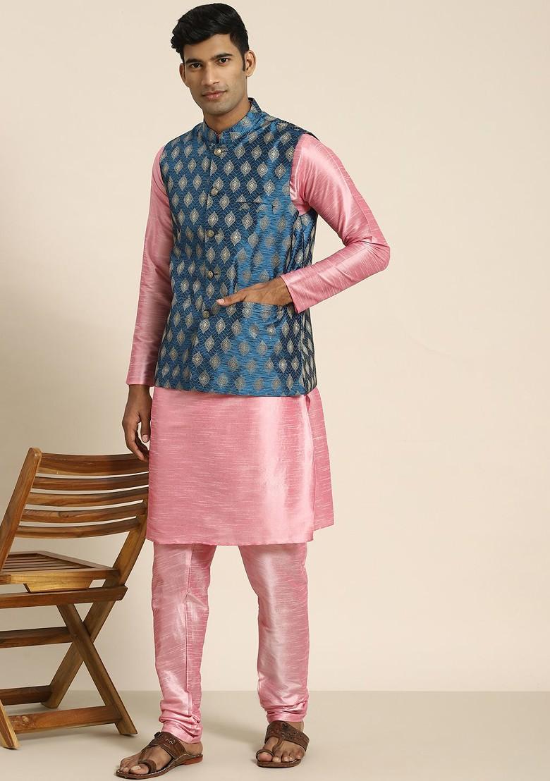 Blue Woven Jacquard Nehru Jackets For Men