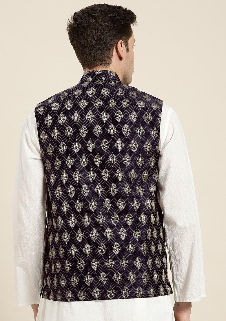 Navy Blue Ethnic Motifs Jacquard Nehru Jackets For Men