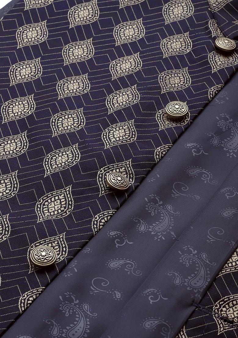 Navy Blue Ethnic Motifs Jacquard Nehru Jackets For Men