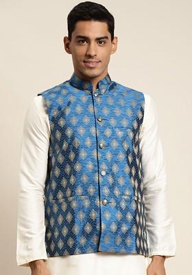 Blue Woven Jacquard Nehru Jackets For Men