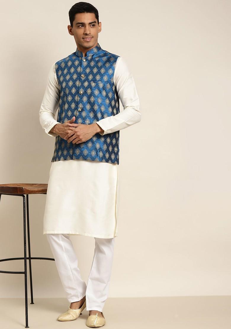 Blue Woven Jacquard Nehru Jackets For Men